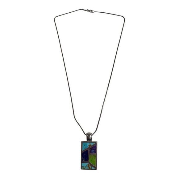 Sterling Silver 18" Italian Chain Necklace Inlaid Turquoise Lapis Lazuli Pendant - Picture 6 of 7